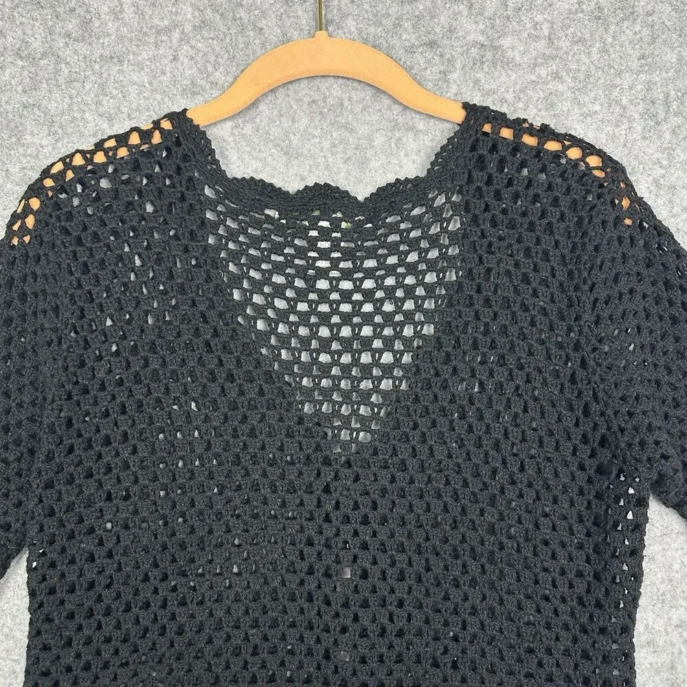 VTG Norm Thompson Black Crochet Knit Cardigan Sweater Sz S Linen Cotton Scallop